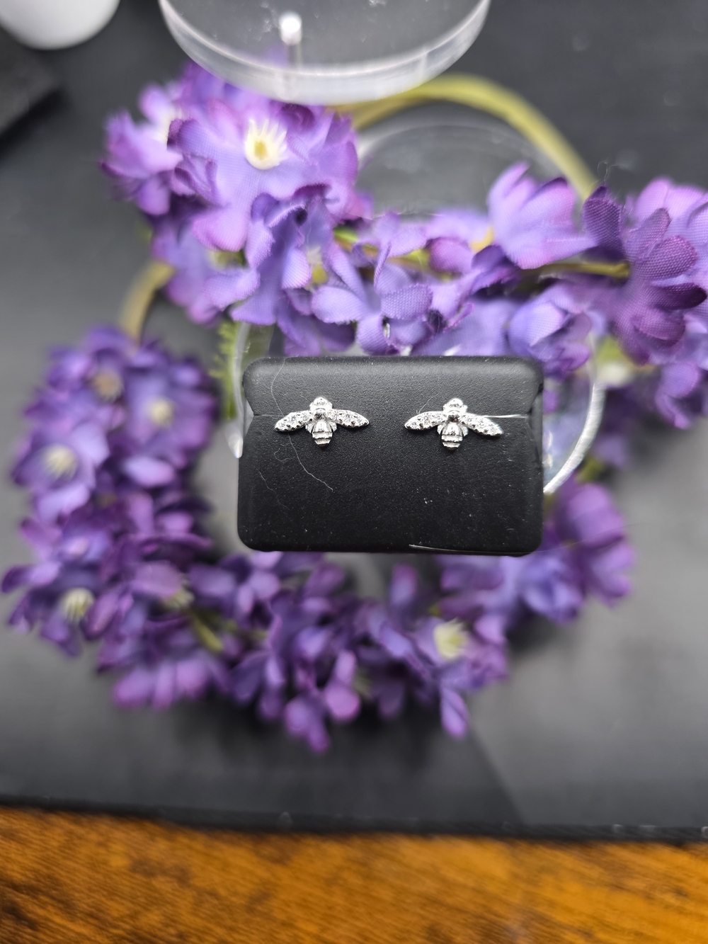 Sterling Bee Stud Earrings in 925 Silver, And Moissanite Delicate Insect Motif